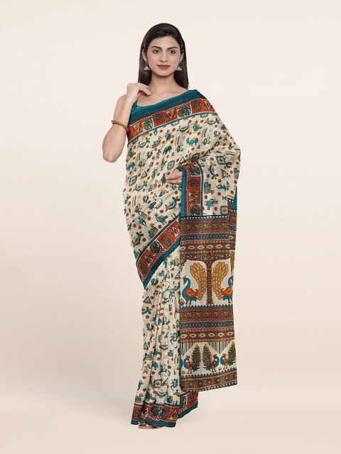 

Pothys Cream-Coloured & Teal Ethnic Motifs Saree