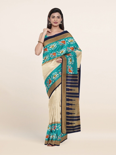 

Pothys Cream-Coloured & Blue Abstract Print Saree