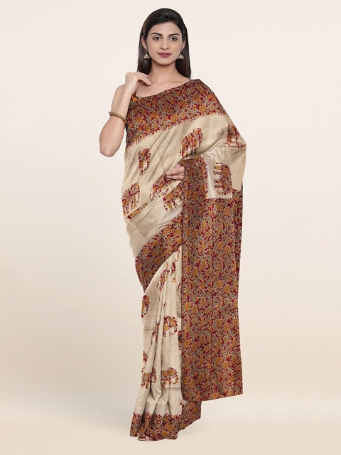 

Pothys Cream-Coloured & Maroon Ethnic Motifs Saree, Beige