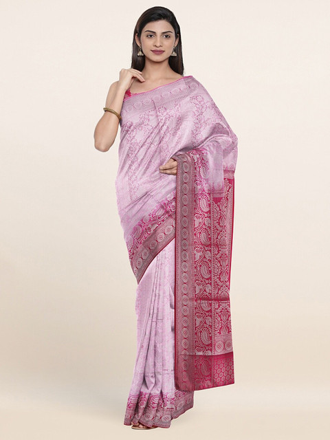 

Pothys Pink & Silver-Toned Floral Zari Art Silk Saree