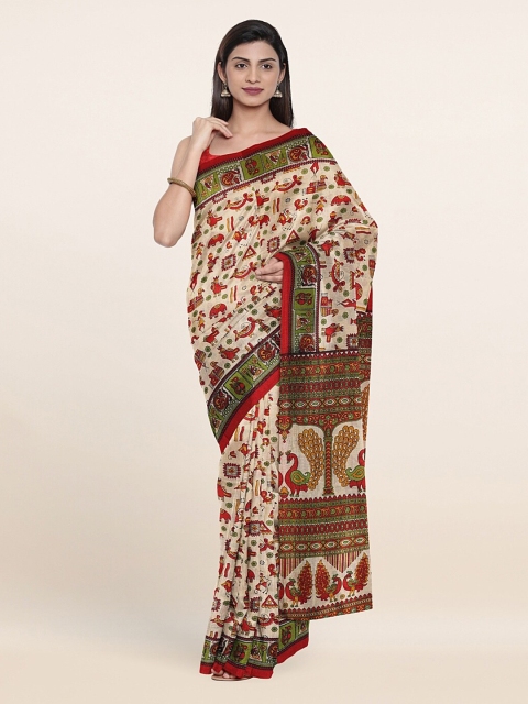 

Pothys Cream-Coloured & Red Ethnic Motifs Cotton Blend Saree