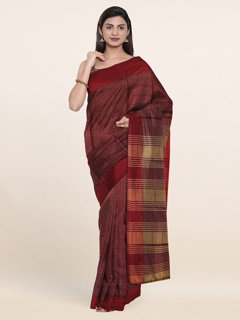 

Pothys Maroon & Gold-Toned Geometric Woven Design Saree