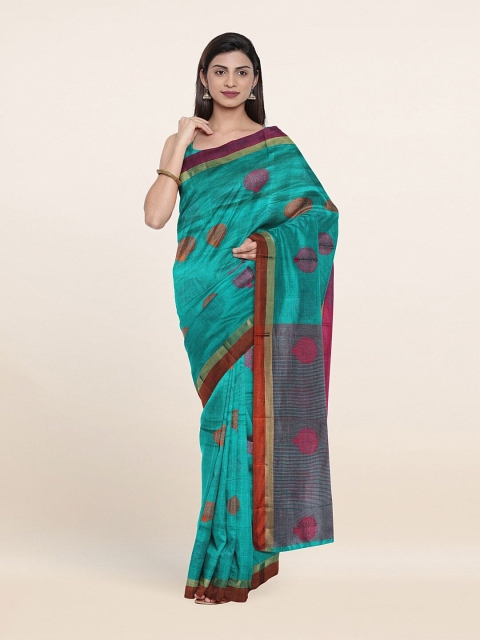 

Pothys Turquoise Blue & Purple Ethnic Motifs Cotton Blend Saree