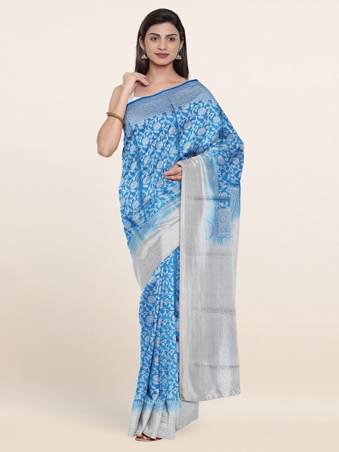 

Pothys Blue & Silver-Toned Ethnic Motifs Art Silk Saree