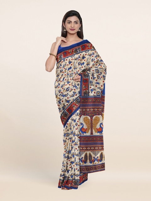 

Pothys Cream-Coloured & Blue Kalamkari Saree
