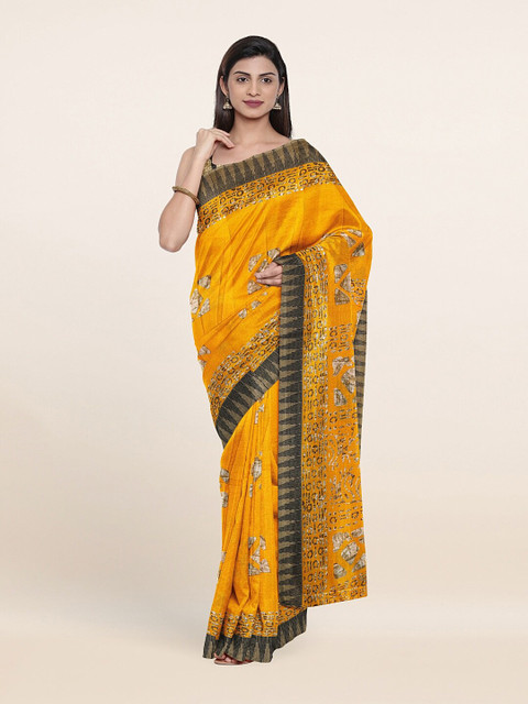 

Pothys Yellow & Grey Geometric Print Saree