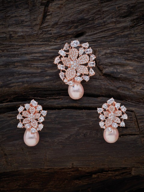 

Kushal's Fashion Jewellery Rose-Gold Toned White Stone Studded Pendant With Earring Set