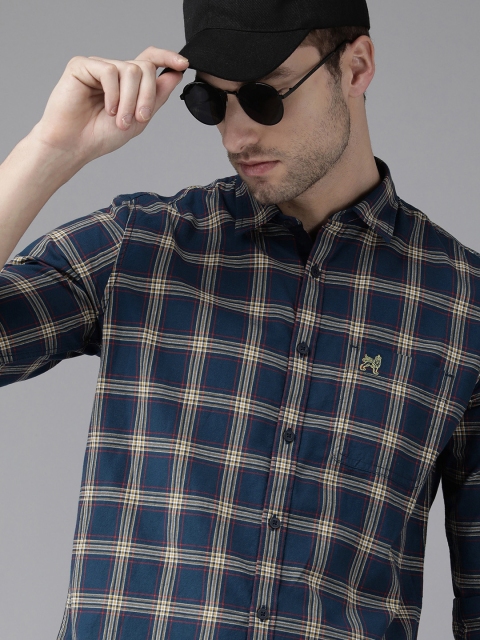 

Van Heusen ACADEMY Men Navy Blue & Beige Slim Fit Checked Pure Cotton Casual Shirt