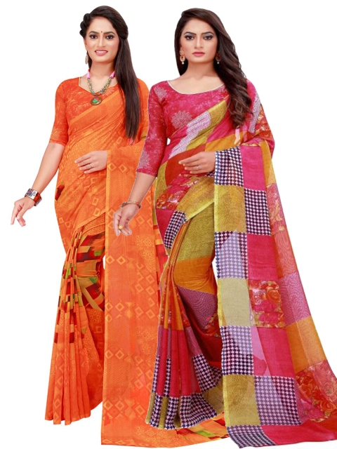 

KALINI Pack of 2 Orange & Red Printed Pure Georgette Saree