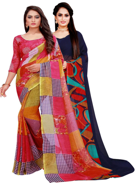 

KALINI Pack of 2 Navy Blue & Red Pure Georgette Saree