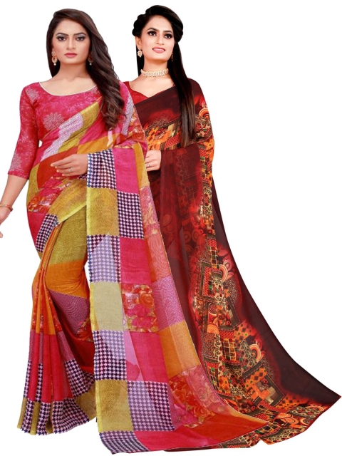 

KALINI Set of 2 Red & Brown Pure Georgette Saree