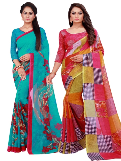 

KALINI Pack of 2 Red & Turquoise Blue Pure Georgette Saree