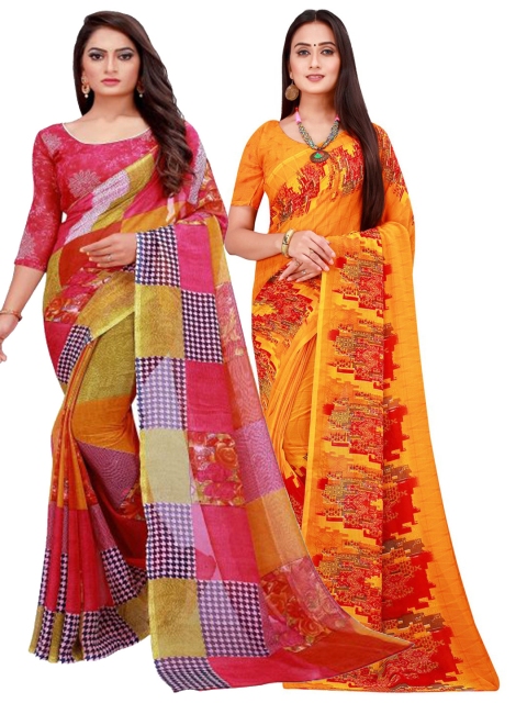 

KALINI Pack of 2 Orange & Red Pure Georgette Saree