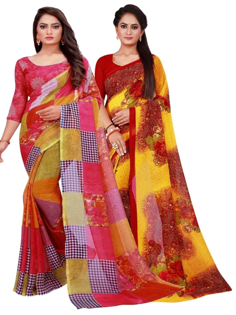 

KALINI Pack Of 2 Maroon & Yellow Pure Georgette Saree