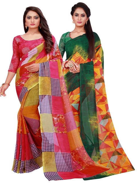 

KALINI Red & Green Pack f 2 Printed Pure Georgette Saree