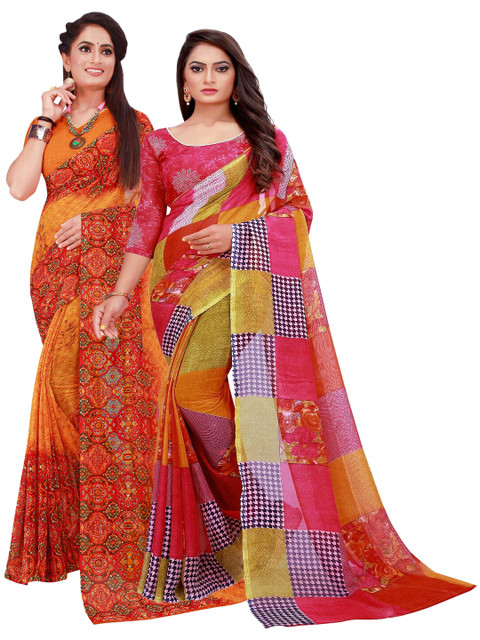 

KALINI Orange & Red Pack Of 2 Printed Pure Georgette Saree
