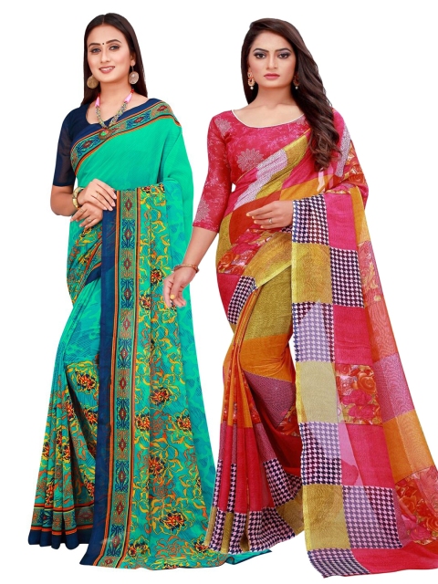 

KALINI Green & Red Pack f 2 Printed Pure Georgette Saree
