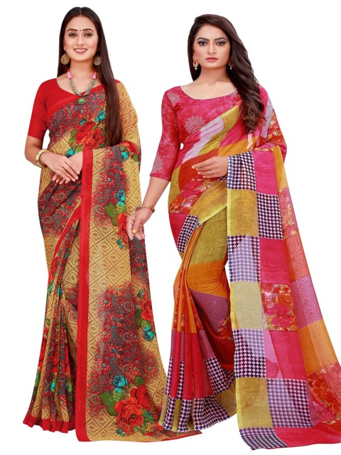 

KALINI Pack of 2 Red & Beige Pure Georgette Saree