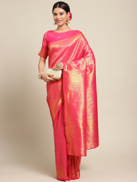 

Mitera Pink & Gold-Toned Ethnic Motif Woven Design Silk Blend Kanjeevaram Saree