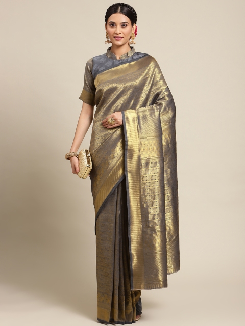 

Mitera Grey & Gold-Toned Ethnic Motif Woven Design Silk Blend Kanjeevaram Saree