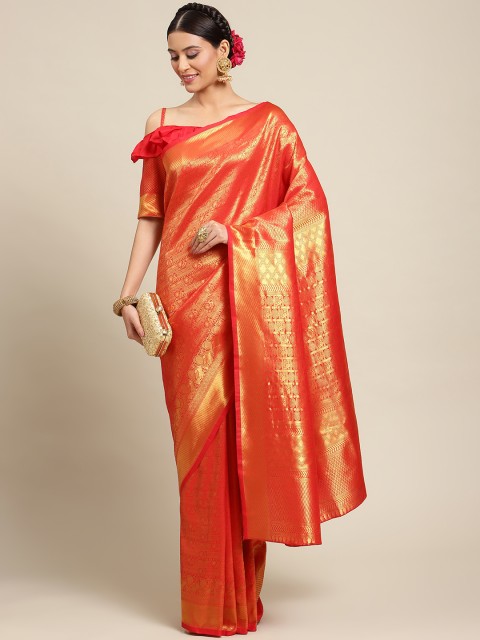 

Mitera Red & Gold-Toned Ethnic Motif Woven Design Silk Blend Kanjeevaram Saree