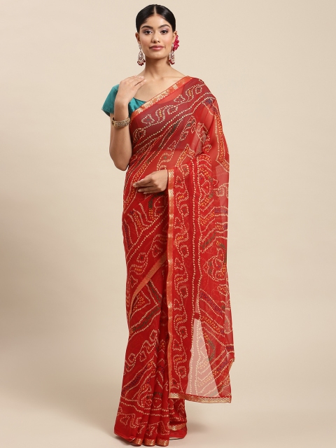 

SWADHA FASHIONS Red & White Bandhani Print Saree