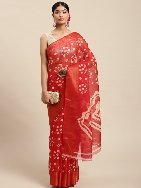 

SWADHA FASHIONS Red & Off White Bandhani Saree