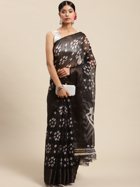 

SWADHA FASHIONS Black & Off White Bandhani Saree