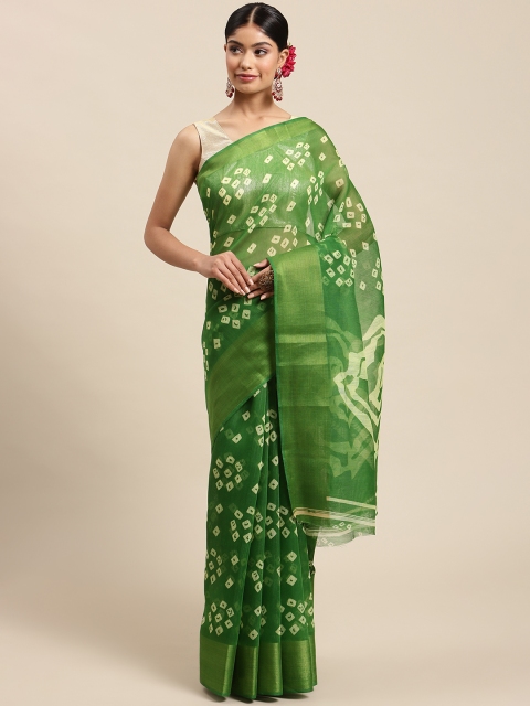 

SWADHA FASHIONS Green & Beige Bandhani Saree