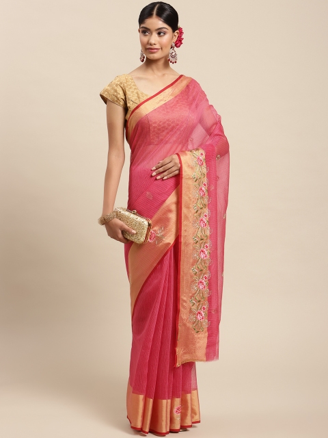 

SWADHA FASHIONS Pink & Beige Checked Embroidered Detail Pure Cotton Saree