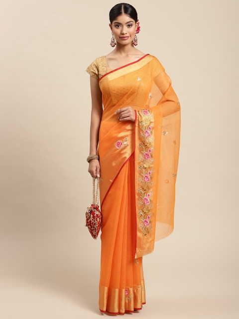 

SWADHA FASHIONS Orange Solid Pure Cotton Saree