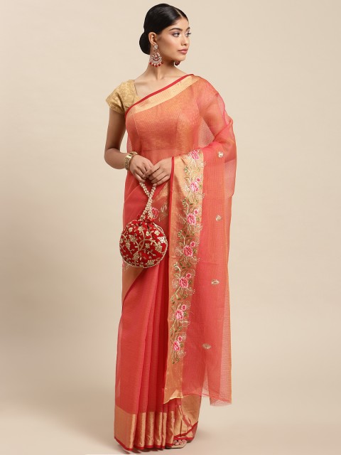 

SWADHA FASHIONS Coral Orange Solid Pure Cotton Saree