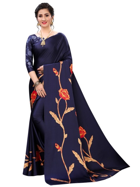 

VILAM Navy Blue & Red Floral Print Saree