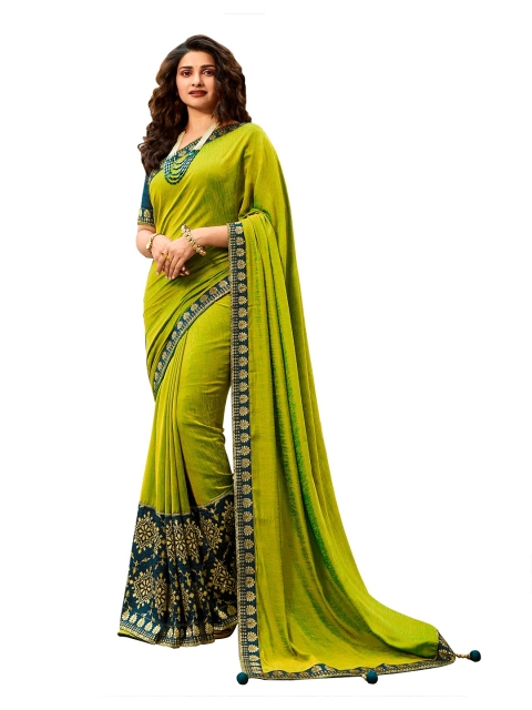 

VILAM Olive Green & Blue Ethnic Motifs Embroidered Block Print Saree