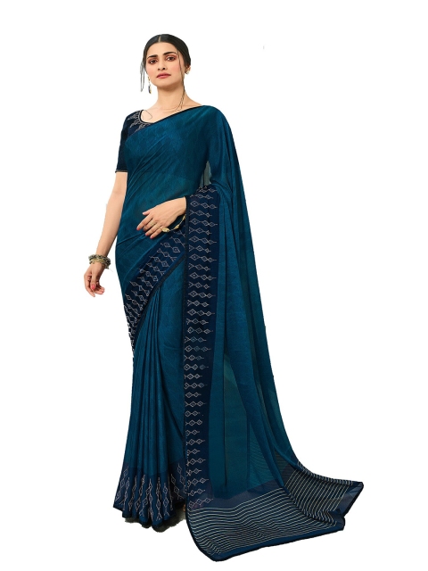 

VILAM Blue & Green Beads and Stones Block Print Saree