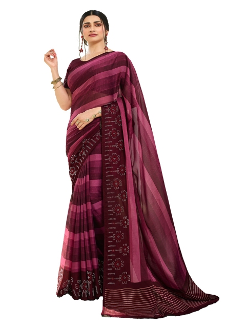 

VILAM Purple & Pink Checked Beads and Stones Block Print Saree