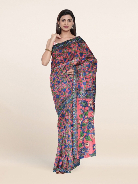 

Pothys Peach-Coloured & Blue Floral Saree