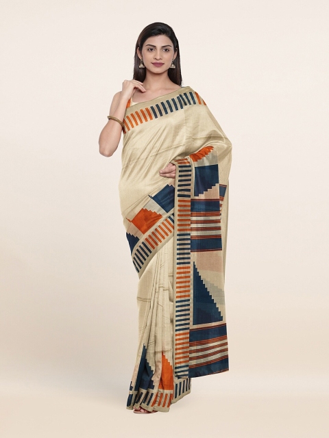 

Pothys Beige & Blue Geometric Print Saree