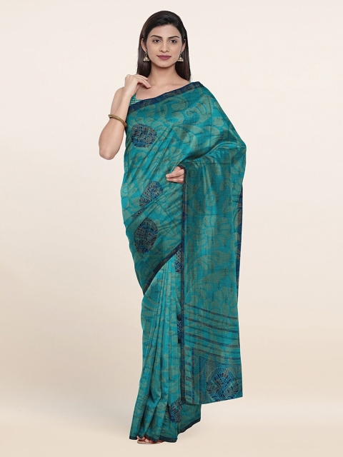 

Pothys Turquoise Blue Ethnic Motifs Poly Chiffon Saree