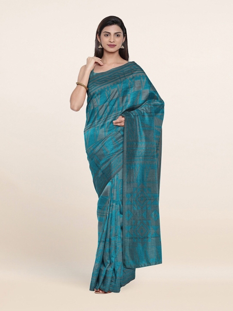 

Pothys Turquoise Blue & Grey Printed Poly Chiffon Saree