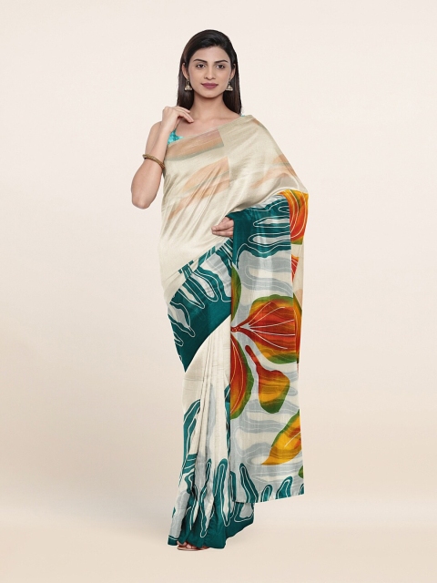 

Pothys Off White & Green Floral Poly Chiffon Saree