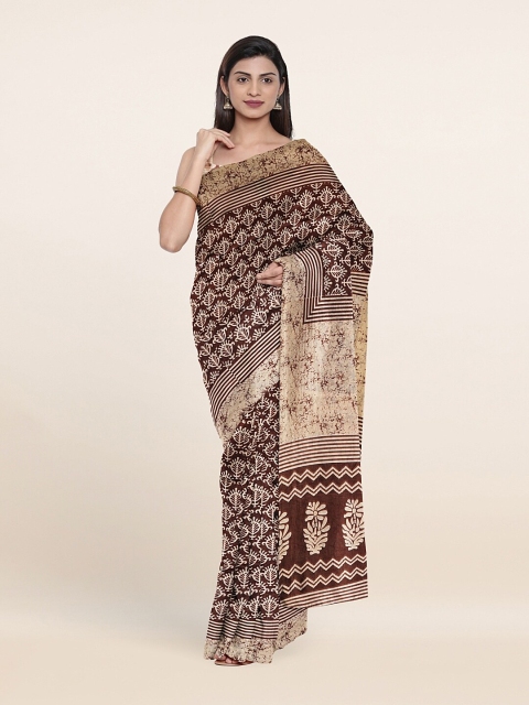 

Pothys Brown & Cream-Coloured Floral Poly Chiffon Saree