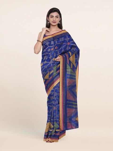 

Pothys Blue & Mustard Printed Poly Chiffon Saree
