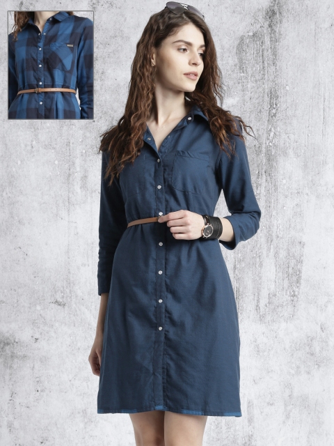

Roadster Women Navy Blue Checked Reversible Shirt Dress