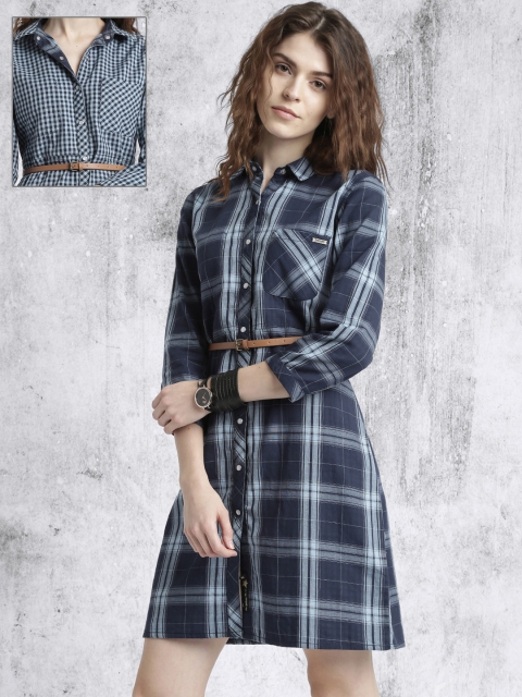 

Roadster Women Navy Blue Checked Reversible Shirt Dress