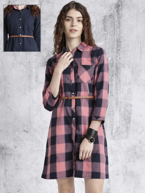 

Roadster Women Pink & Navy Reversible Checked Shirt Dress