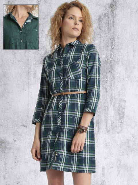 

Roadster Women Green & Navy Reversible Checked Shirt Dress