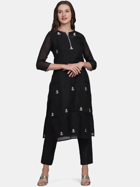 

Bhama Couture Women Black Embroidered Kurti with Trousers & With Dupatta