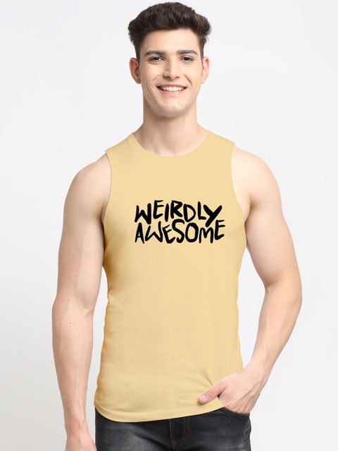 

Friskers Men Beige & Black Printed Pure Cotton Gym Vest