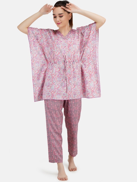 

KOI SLEEPWEAR Women Pink & Purple Printed Comfort Fit Kaftan Night suit